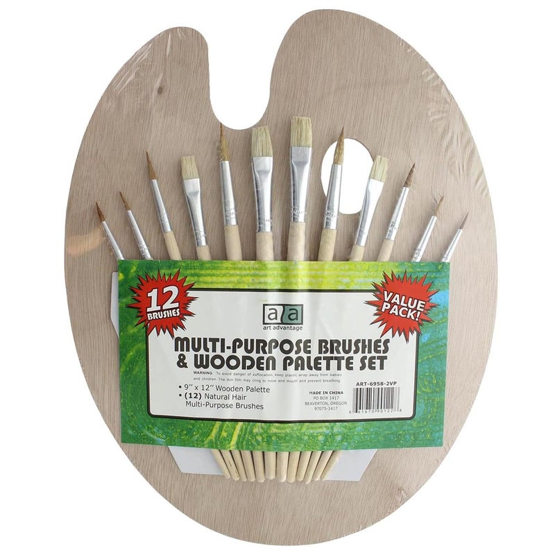ART ADVANTAGE Palette Wood 9"x 12" with 12 Brushes Value Pack, Brown - Image 1